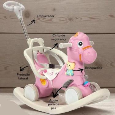 Imagem de Cavalinho de Passeio e Balanço com Empurrador Rosa Infantil Brinquedo 