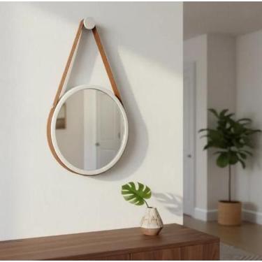 Imagem de Espelho Redondo 40CM Adnet Decorativo em Alumínio Branco Com Alça Cara