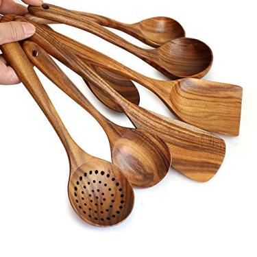 Imagem de 7 peças de utensílios de madeira de teca natural, espátula e colher, antiaderente, durável, ecológico e seguro, conjunto de utensílios de cozinha saudável