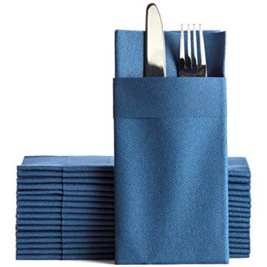 Imagem de Guardanapos de jantar da Marinha como com bolso de talheres embutido, absorvente de linho e papel de mão para cozinha, banheiro, festas, casamentos, jantares ou eventos, 40 x 40 cm, pacote com 50