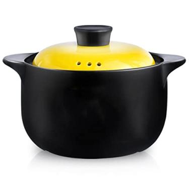 Imagem de Panela de cerâmica à prova de vazamento panela de sopa totalmente natural durável panela de ensopado redonda panelas com tampa, fogão a gás doméstico de alta temperatura panela de argila de chama aberta, amarelo 1,4 L