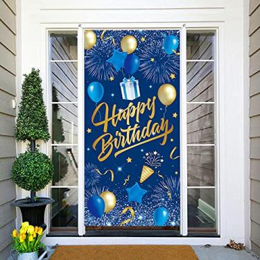 Imagem de Banner masculino de decoração de feliz aniversário azul marinho dourado - capa de porta, cenário de fotografia, decoração de festa para meninos - 189 x 90 cm