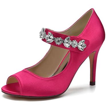 Imagem de Sapatos de casamento de noiva de cetim feminino escarpins peep toe com strass salto agulha alto marfim sapatos sociais 35-43,Rose,3 UK/36 EU