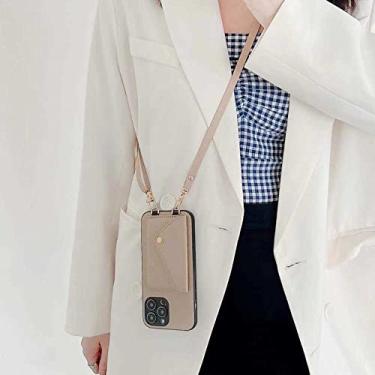 Imagem de Carteira de bolso de cartão crossbody para iphone 11 12 13 14 pro max x xr xs max 7 8 plus alça de couro capa traseira, cáqui, para iphone12 promax