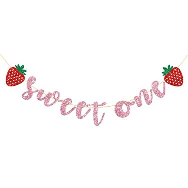 Imagem de Talorine Faixa de aniversário Sweet One, tema de frutas de morango 1º aniversário da menina, suprimentos de decoração de festa de frutas para chá de bebê, rosa glitter