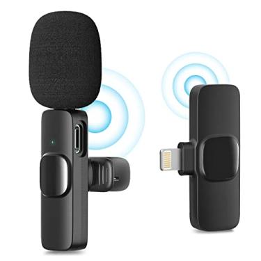 Imagem de Microfone de lapela sem fio para iPhone Mini Mic com clip plug-play sincronização automática microfone com cancelamento de ruído para YouTube TikTok Facebook Vlog Entrevista Gravação sem APP/Bluetooth