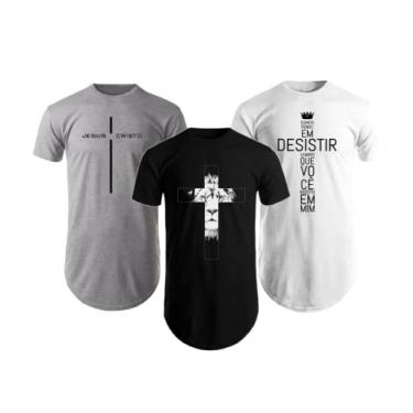 Imagem de Kit Com 3 Camisetas Camisas Blusas Masculinas Long Line Oversize Swag Gospel Cristã Evangélicas (GG, 1 Preta, 1 Branca e 1 Cinza)