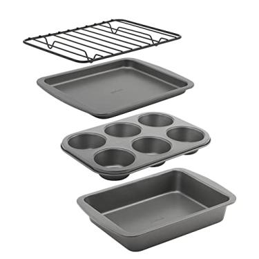 Imagem de GoodCook Conjunto de forno de aço antiaderente de 4 peças com assadeira, rack, forma de bolo e forma de muffins, cinza