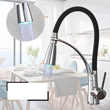 Imagem de Torneira para pia de cozinha LED preta giratória suspensa Torneira para pia de cozinha montada no deck do banheiro misturador de água quente e fria, F