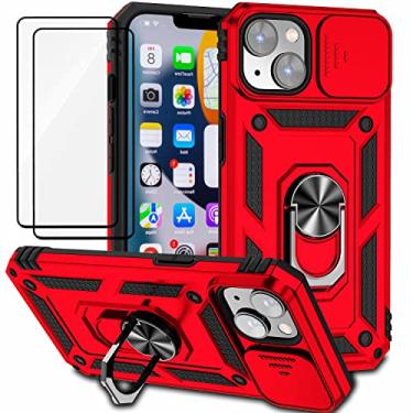 Imagem de Capa para iPhone 14 Capinha | incluindo 2 pedaços de película protetora de filme temperado, com janela deslizante de proteção para câmera e suporte para celular - Vermelho