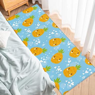 Imagem de Tapete de corredor de cozinha, Sunmmer fofo desenho amarelo padrão de abacaxi azul antiderrapante tapete de porta tapete para lavanderia, cabeceira, banheiro, quarto, 40 x 120 cm