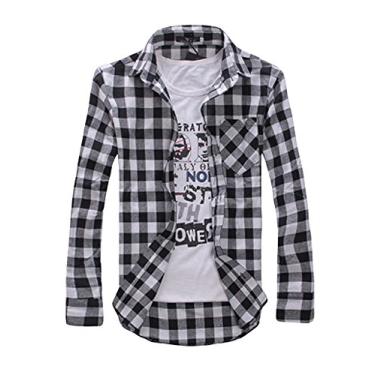 Imagem de Bestgift Camisa xadrez masculina de manga comprida com mistura de algodão, Preto, XL