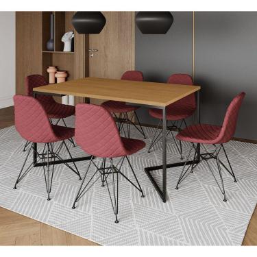 Imagem de Mesa Jantar Industrial Canela 137x90cm Base V com 6 Cadeiras Estofadas Eiffel Vermelhas Aço Preto 