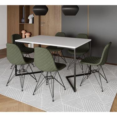 Imagem de Mesa Jantar Industrial Branca 137x90cm Base V com 6 Cadeiras Estofadas Verdes Eiffel Aço Preto 