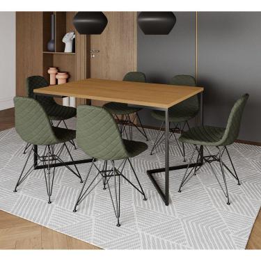 Imagem de Mesa Jantar Industrial Canela 137x90cm Base V com 6 Cadeiras Estofadas Eiffel Verdes Aço Preto