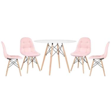 Imagem de Mesa Redonda Eames 100 Cm Branco + 4 Cadeiras Estofadas Eiffel Botonê Rosa Claro Rosa Claro