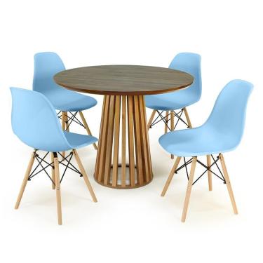 Imagem de Conjunto Mesa de Jantar Redonda Luana Amadeirada Natural 100cm com 4 Cadeiras Eames Eiffel - Azul Claro