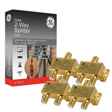 Imagem de GE Divisor de cabo coaxial digital bidirecional, pacote com 4, 2,5 GHz 5-2500 MHz, compatível com RG6, funciona com TV HD, satélite, Internet, amplificador, antena, conectores banhados a ouro, resistente à corrosão, 55288