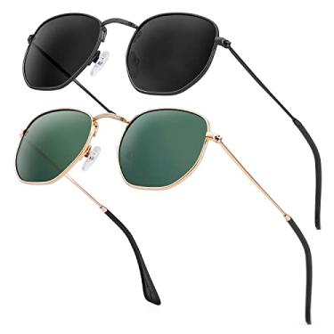 Imagem de KALIYADI Óculos de sol para mulheres e homens, proteção UV quadrada polarizada, óculos de sol hexagonais modernos com armação de metal, A2 (pacote com 2) preto/cinza + ouro/G15 (Hexagonal)