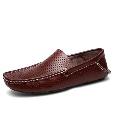 Imagem de Sapatos masculinos mocassins respirável couro genuíno perfurado detalhes de costura leve salto plano flexível antiderrapante moda deslizamento-ons (Color : Brown, Size : 43 EU)