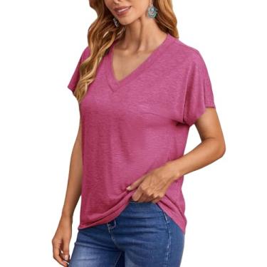 Imagem de MakeMeChic Camiseta feminina casual com gola V e manga curta, Vermelho violeta, GG