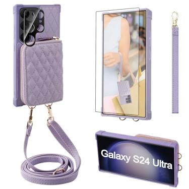 Imagem de MONASAY Capa carteira com zíper para Galaxy S24 Ultra, [Lentes e protetores de tela] [bloqueio de RFID] Couro Flip Phone Case com suporte de cartão e alça de ombro cruzada Púrpura claro
