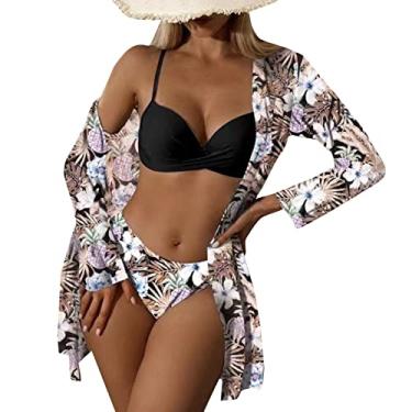 Imagem de Biquínis femininos de cintura alta 2024 sexy conjunto de biquíni 3 peças saída de praia para mulheres com estampa floral frente única, G, M