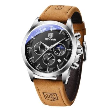 Imagem de BY BENYAR Relógios masculinos multifuncionais cronógrafo data quartzo relógio para homens preto aço inoxidável/pulseira de couro relógio de pulso analógico presente casual luxo negócios,