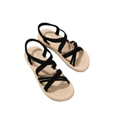 Imagem de Verdusa Sandálias femininas casuais de tecido cruzado para férias verão praia sandálias rasteiras, Preto, 35