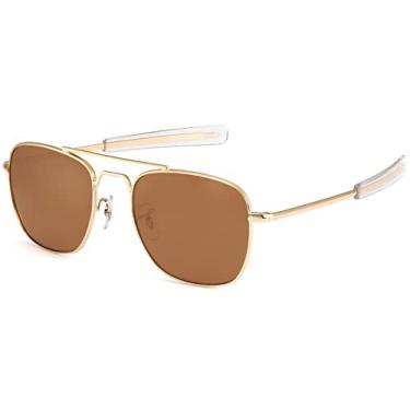 Imagem de IOHLNG Óculos de sol masculino aviador polarizado 55 mm Pilot Military Square Shades com hastes baioneta, Armação dourada, lente marrom, Medium