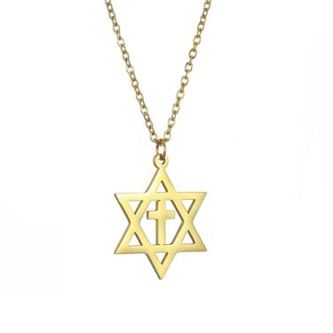 Imagem de VASSAGO Colar de estrela de Davi para homens e mulheres, pingente hexagonal de aço inoxidável com colar de cruz, joia judaica religiosa delicada, adjustable, Aço inoxidável, Sem Pedra Preciosa