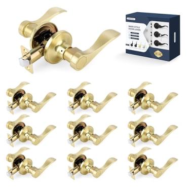 Imagem de LOQRON Maçaneta de porta estilo onda, puxador de porta de passagem, pacote com 10 maçanetas internas sem chave reversíveis para canhoto/direita para corredor e armário com acabamento em latão acetinado