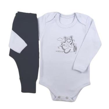 Imagem de Conjunto Body Manga Longa Bordado Ursinho Avião e Calça Suedine Mijão Culote - Roupa Bebê Menino-Masculino