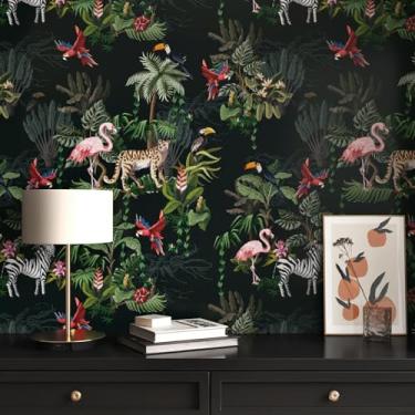 Imagem de WESTICK Papel de parede floral preto para contato tropical vintage escuro para armários e gavetas, papel de parede botânico de vida selvagem removível para quarto, banheiro, lavanderia, parede 44,5 x