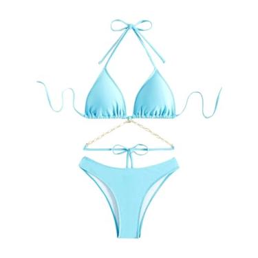 Imagem de BEAUDRM Biquíni feminino de 2 peças para decoração de concha frente única, conjunto triangular, biquíni de corte alto, Azul, M