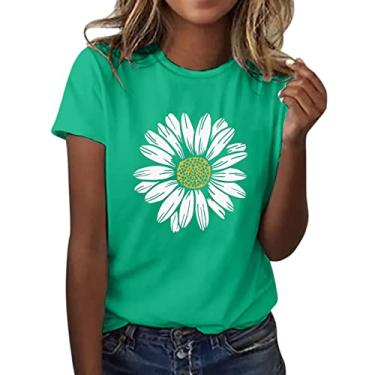 Imagem de Camiseta feminina de girassol de manga curta, verão, gola redonda, floral, estampada, casual, solta, básica, linda túnica, Verde, M
