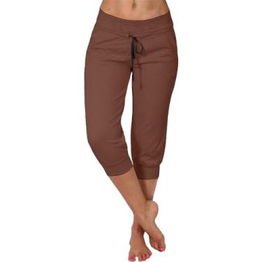 Imagem de Macacões femininos casuais de verão nova calça elástica cropped casual para mulheres moda calça de cintura alta para mulheres, Marrom, XGG