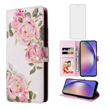 Imagem de Asuwish Capa de telefone para Samsung Galaxy A55 5G carteira celular com protetor de tela de vidro temperado porta-cartão de flor suporte cordão alça de pulso resistente A 55 55A A555G mulheres homens