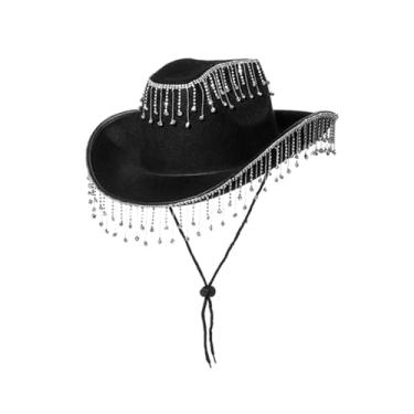 Imagem de Tachiuwa Chapéu de cowboy ocidental para mulheres, chapéu de cowgirl com franjas de strass, arnês leve de aba larga para festa de Halloween, adereços de fotos, preto
