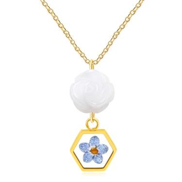 Imagem de Oneress Colares com pingente de semente de mostarda e flor clássica da moda - joias religiosas femininas, requintadas e elegantes colares de flores de pedra, presentes para melhores amigas, irmãs,