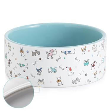 Imagem de Fun Elements Tigelas de cerâmica para cães, tigelas para cães pequenos, 40 ml tigelas de comida de cachorro pesadas tigela de água para cães com padrões adoráveis de cães (pequeno, azul)