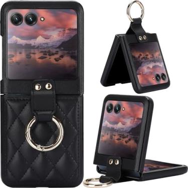 Imagem de Ephoou Capa para Motorola Razr 60 Pro/Razr Plus 2024 com suporte de anel, couro PU romboide macio [proteção de dobradiça] capa à prova de choque para Moto Razr 50 Ultra ZXF-preta