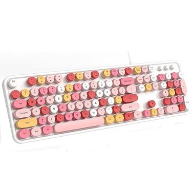 Imagem de Meidosa Teclado de computador com fio, teclado de máquina de escrever retrô, chave redonda de tamanho completo, teclado USB Plug and Play para PC, laptop, desktop, Windows (branco colorido)