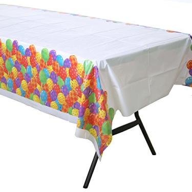 Imagem de Creative Converting Toalha de mesa de plástico com estampa de borda de padrão de balão, 137 x 274 cm, vermelho/roxo/verde
