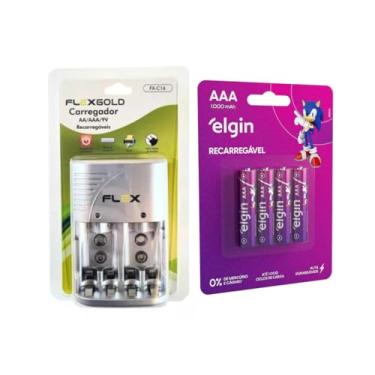Imagem de Carregador De Pilhas Aa/aaa/9v + 4 Pilhas AAA 1000 Mah Elgin