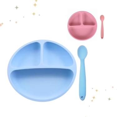Imagem de Kit Prato Infantil Com 3 Divisórias De Silicone C/Colher Introdução Alimentar Moderno (Azul)
