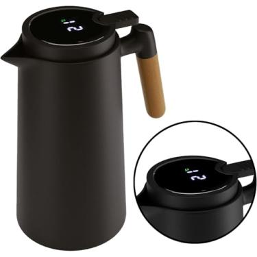 Imagem de Garrafa Térmica de Plástico Preta com Termômetro em Led e Cabo de Madeira 1L - Utensílios de Cozinha - Mesa Posta - Decoração - Itens Para Casa - Perfeita Para Seu Café e Chá