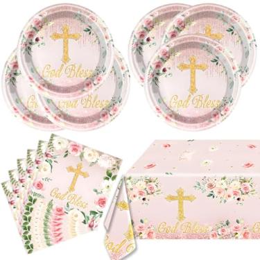 Imagem de Utensílios de mesa God Bless, 20 pratos e 20 guardanapos, toalha de mesa 139 x 213 cm, rosa, com flores e cruzes douradas, para festas temáticas, aniversários, chá de bebê e casamento, 40 peças