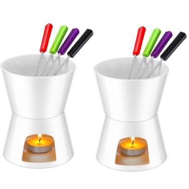 Imagem de Mudder 2 peças de caneca de fondue panela de cerâmica e 8 peças de garfos para derreter chocolate, queijo, caldo ou tapas no dia dos namorados (branco)