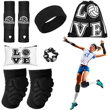 Imagem de Vabean 8 peças acessórios de voleibol, inclui mangas de braço de vôlei joelheiras esportivas elásticos de cabelo faixa de suor bolsa de cordão bolsa de cosméticos voleibol protetor de pulso joelheira